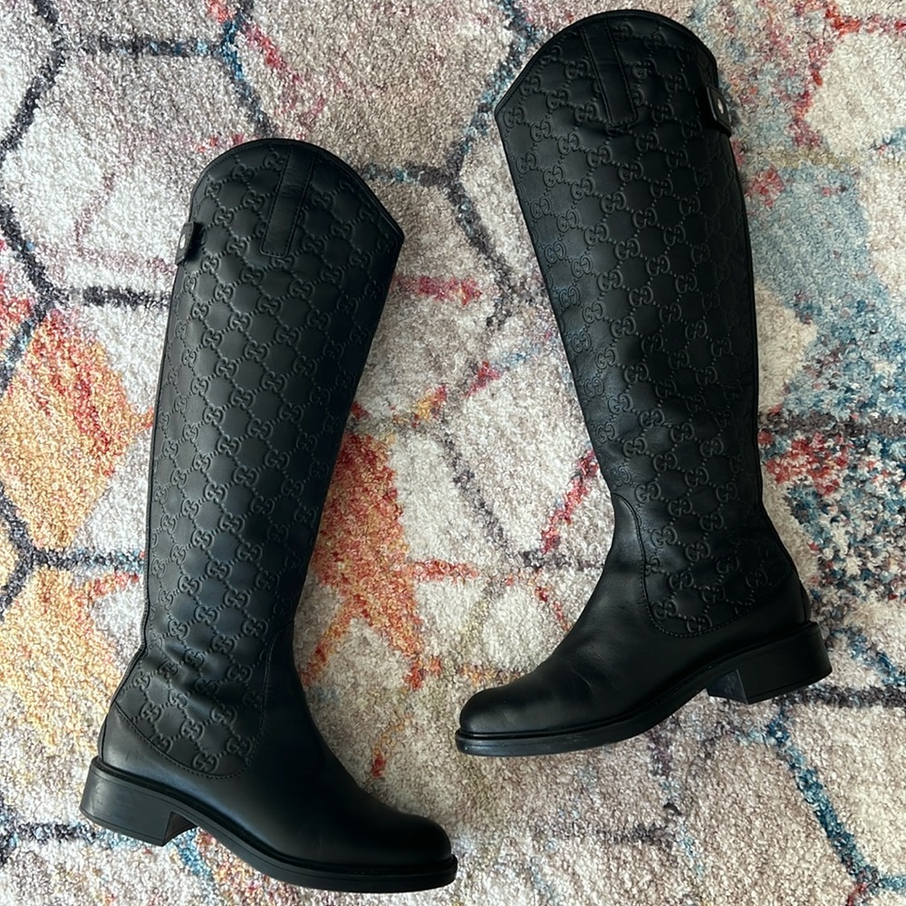 GUCCI Guccissima Calfskin Maud Soft Knee High Riding Boots in Black - 36